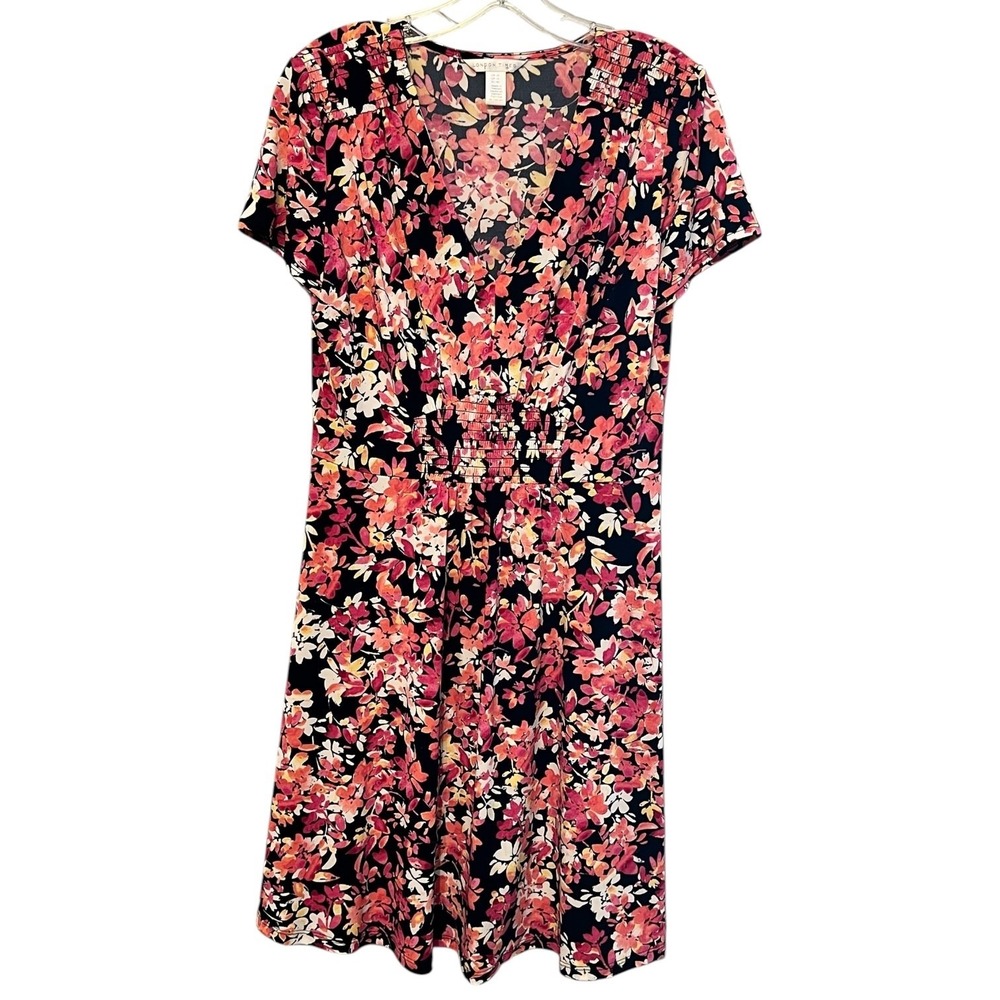 London Times Floral Fit & Flare Dress 10 V Neck Short Sleeve Stretch Midi